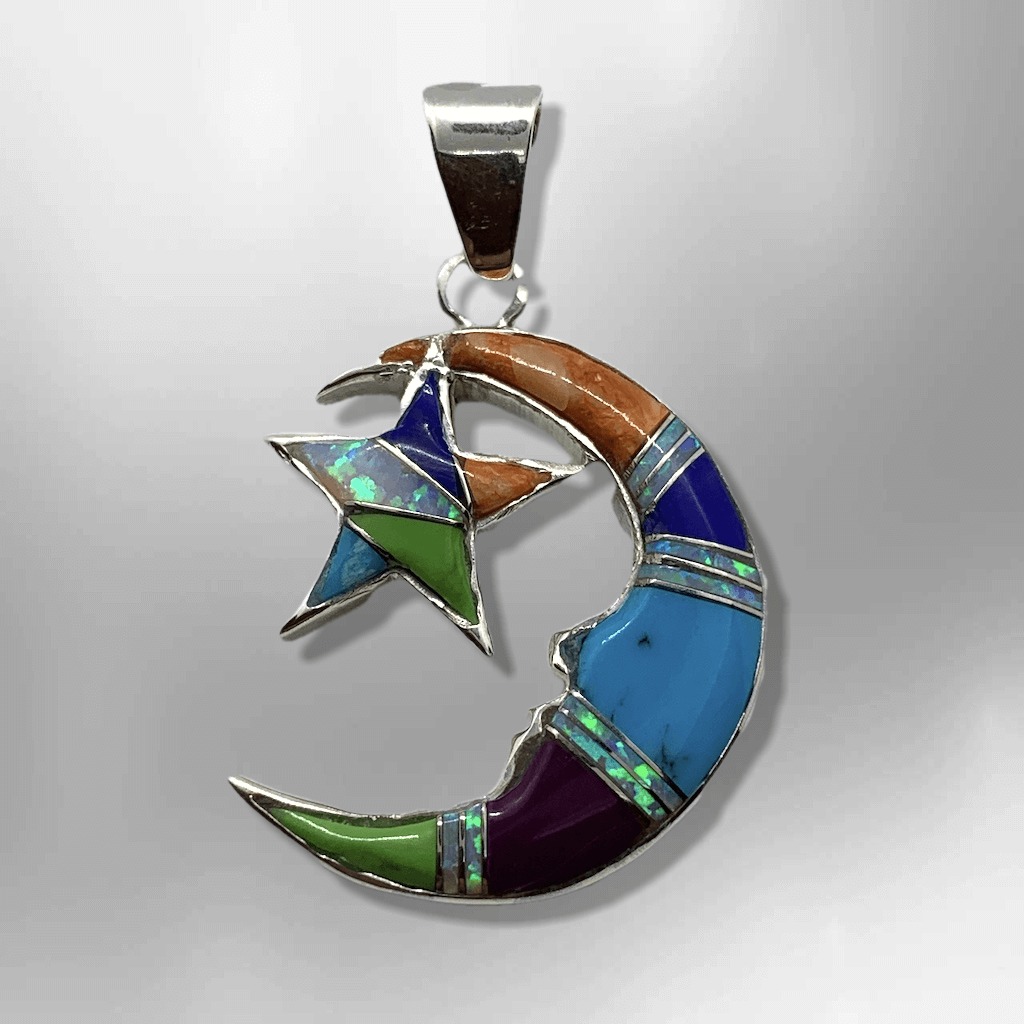 Sterling Silver Inlay Handmade Different Stones Star and Crescent Shape Pendant - Kachina City