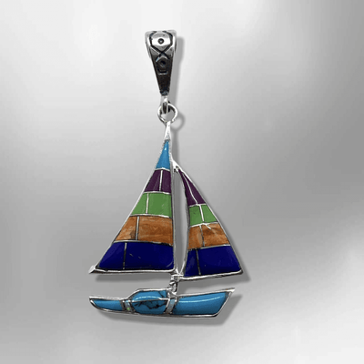 Sterling Silver Inlay Different Stones Shells Sailboat Shape Pendant