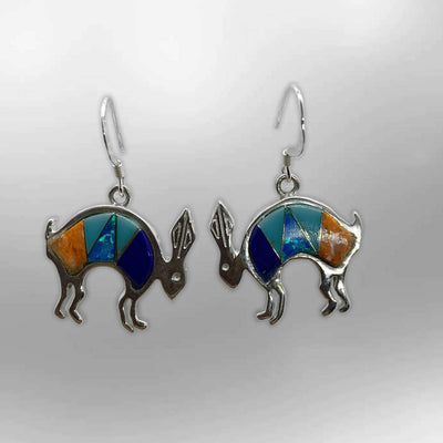 Sterling Silver Handmade Inlay Different Stones Jumping Rabbit Shape Hook Earrings