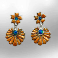 Sterling Silver Handmade Inlay Stone with Opal Two Part Flower Shape Hook Earrings - Kachina City
