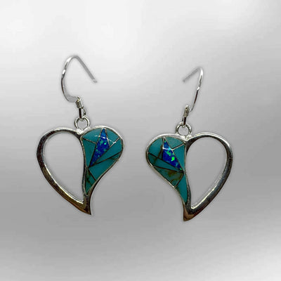 Sterling Silver Half Inlay Half Hollow Different Stones Heart Shape Hook Earrings