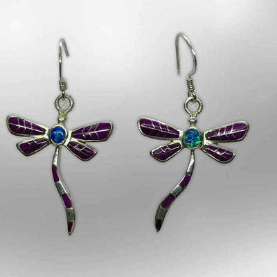 Sterling Silver Small Inlay Different stones with Opal Dragonfly Hook Earrings