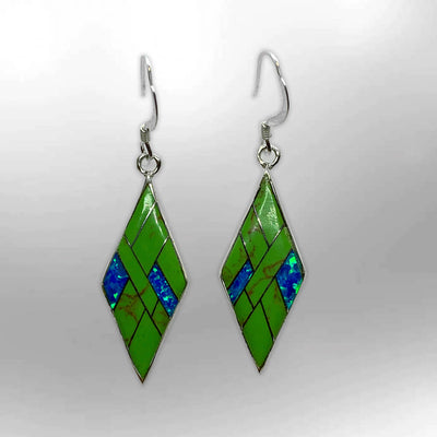 Handmade Inlay Sterling Silver Different Stone with Opal Diamond Rhombus Shape Hook Earrings