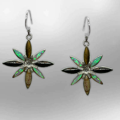 Sterling Silver Inlay Handmade Stones Flower Plant Shape Hook Earrings