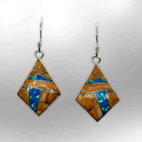 Sterling Silver Handmade Inlay Stones with Opal Rhombus Kite Shape Hook Earrings - Kachina City