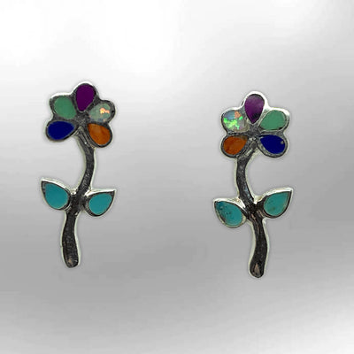 Sterling Silver Inlay Handmade Different Stones Full Flower Small Stud Post Earrings