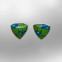 Sterling Silver Handmade Inlay Stones Shield Shape Small Stud Earrings - Kachina City