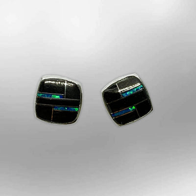Sterling Silver Handmade Inlay Stones With opal Small Square Stud Earrings