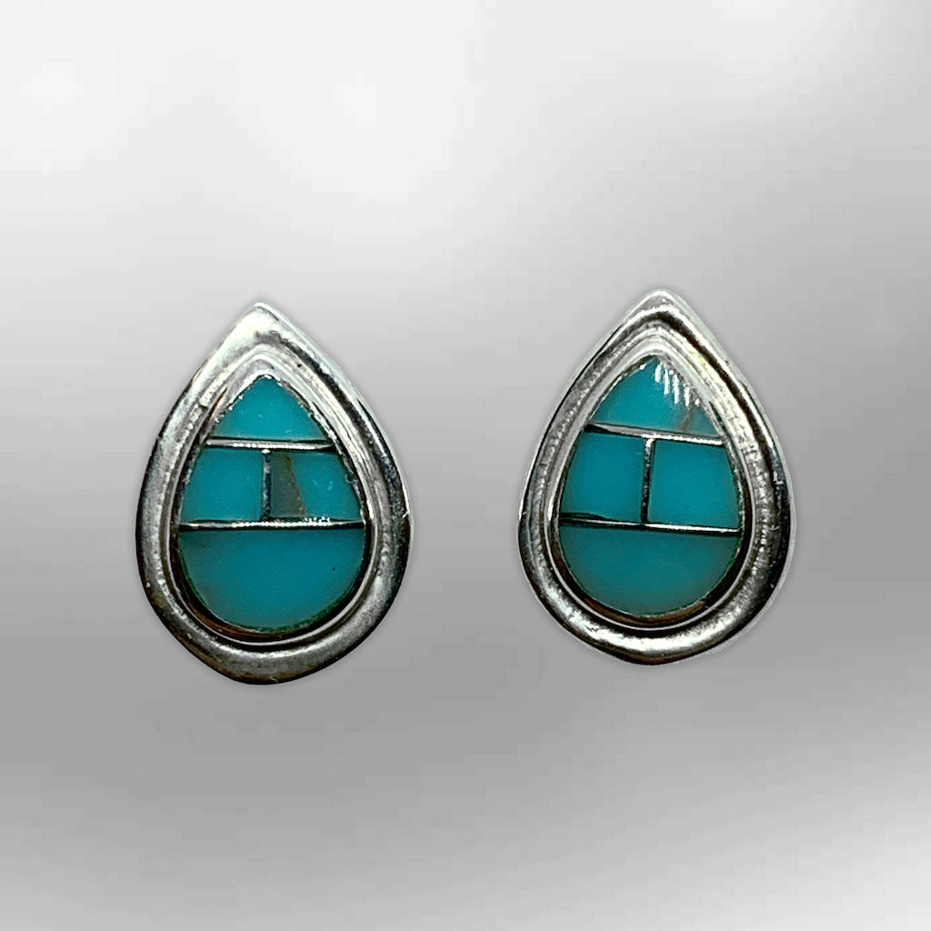 Sterling Silver Handmade Inlay Different Stones Small Teardrop Shape Stud Post Earrings - Kachina City