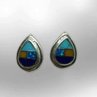 Sterling Silver Handmade Inlay Different Stones Small Teardrop Shape Stud Post Earrings - Kachina City