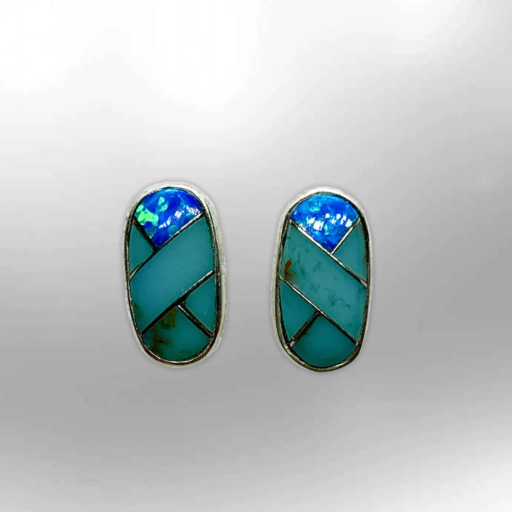 Sterling Silver Inlay different Stones Long Oval Round Shape Post Earrings - Kachina City