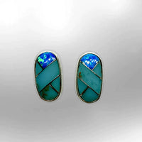 Sterling Silver Inlay different Stones Long Oval Round Shape Post Earrings - Kachina City