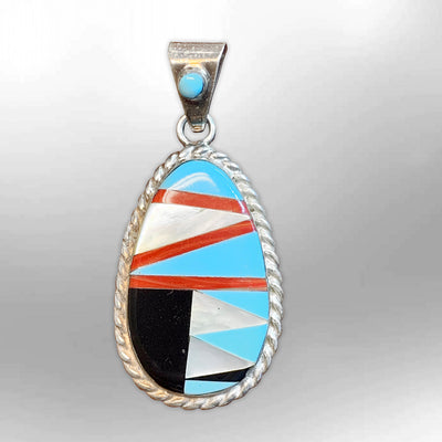 Sterling Silver Inlay Stones Mother of Pearl Round Oval Shape Indian Style Pendant