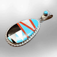 Sterling Silver Inlay Stones Mother of Pearl Round Oval Shape Indian Style Pendant - Kachina City