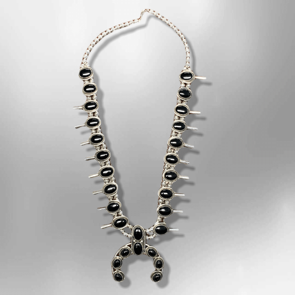 Sterling Silver Navajo Handmade Black Onyx Oval 10 Nuggets Squash Blossom with Earrings - Kachina City