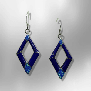 Handmade Inlay Stones Sterling Silver with Opal Hollow Diamond Shape Hook Earrings - Kachina City