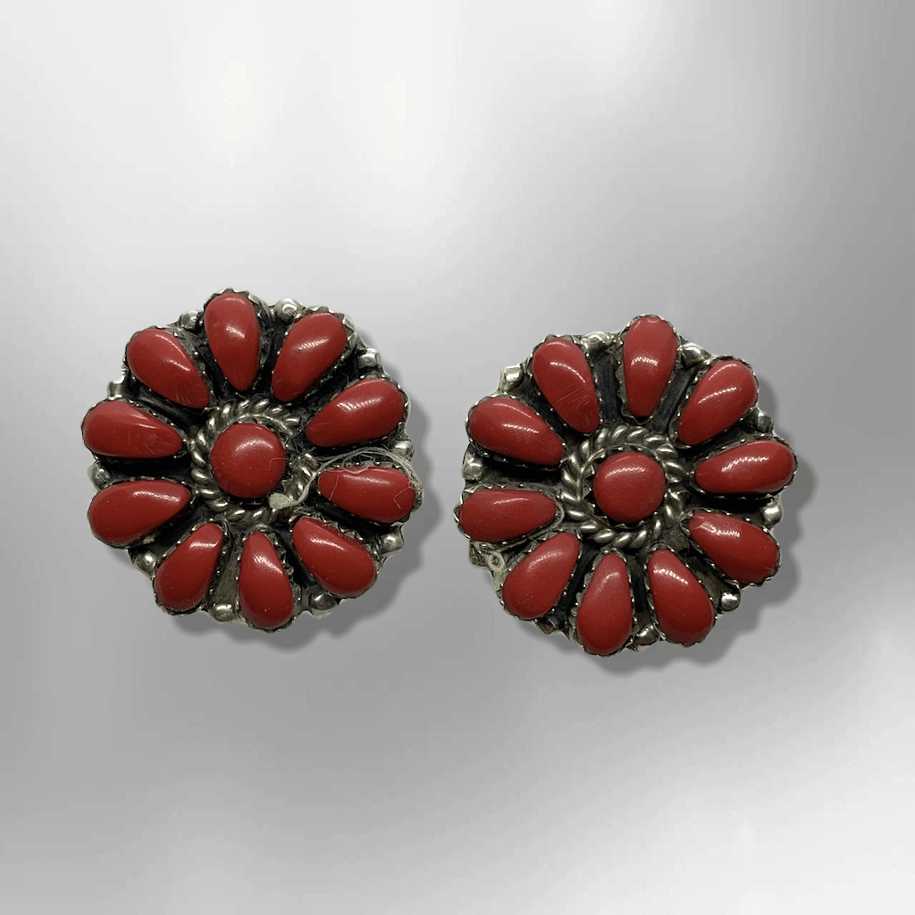 Sterling Silver Navajo Handmade Cluster Coral Stones Round Post Earrings - Kachina City