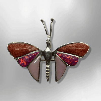 Sterling Silver Handmade Inlay Multi Stone Butterfly Shape All in One Pin and Pendant