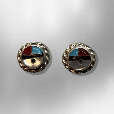 Sterling Silver Zuni Handmade Stone Inlay Small Sun Face Round Stud Earrings