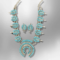 Sterling Silver Navajo Handmade Cluster Turquoise Stone Squash Blossom Necklace Set - Kachina City