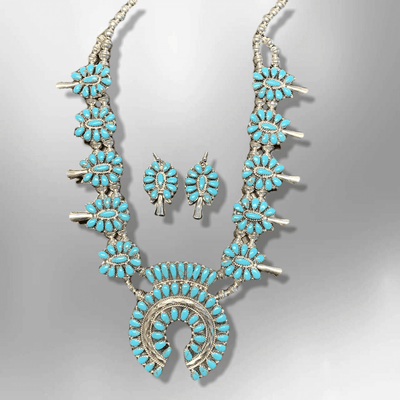 Sterling Silver Navajo Handmade Cluster Turquoise Stone Squash Blossom Necklace Set
