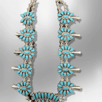 Sterling Silver Navajo Handmade Cluster Turquoise Stone Squash Blossom Necklace Set - Kachina City