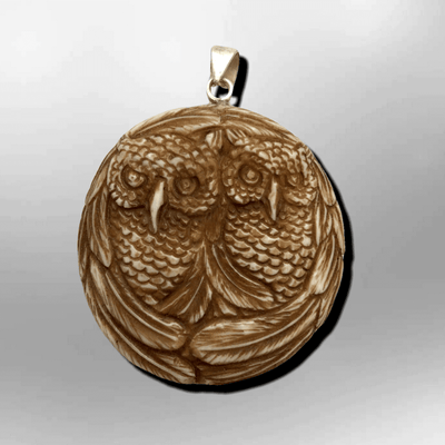 Handmade Bone Carved Two 2 Owls Feather Round Circular Shape Curved Back No Paint Detailed Pendant