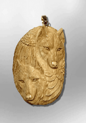 Bone Carved Handmade two Wolf Heads with Feather and Claw Round Oval Shape Curved Back No Paint Detailed Pendant