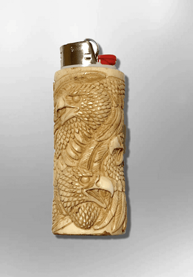 Bone Carved Handmade Eagle Head with Feathers Large Bic No Paint Detailed Lighter Case Cover
