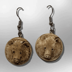 Bone Carved Round Bear Head No Paint Handmade Detailed Hook Dangle Earrings - Kachina City