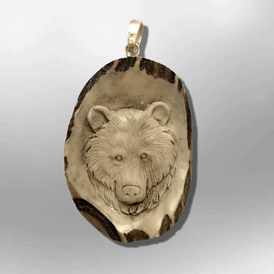 Bone Carved Handmade No Paint Bear Head Oval Flat Back Detailed Pendant