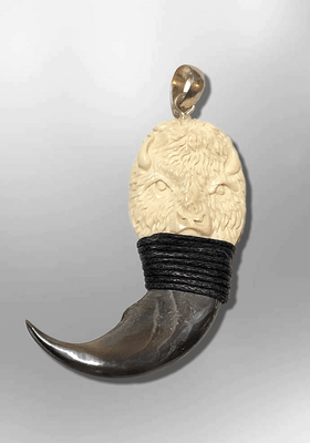 Handmade Bone Carved No Paint Buffalo Head with Genuine Bear Claw Detailed Pendant