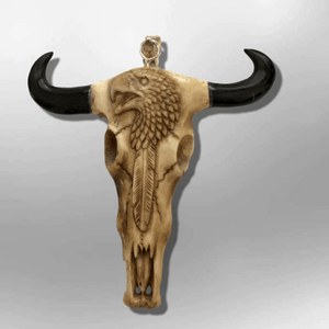 Hand carved Buffalo Head with Horn Eagle and Feather Detailed Bone Carved Pendant - Kachina City