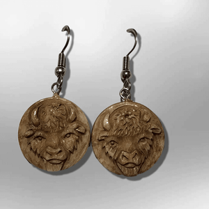 Bone Carved Round Buffalo Head No Paint Handmade Detailed Hook Dangle Earrings - Kachina City