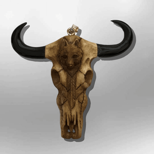 Hand carved Buffalo Head with Horn Wolf and Feather Detailed Bone Carved Pendant - Kachina City