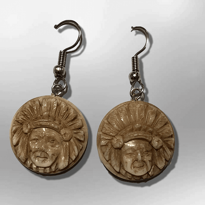 Bone Carved Round Indian Chief Head No Paint Handmade Detailed Hook Dangle Earrings