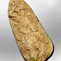 Handmade Bone Carved Eagle Bear Wolf Head with Feather Long Oval Shape Curved Back No Paint Detailed Pendant - Kachina City