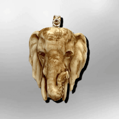 Handmade Bone Carved Elephant Head Shape Curved Back No Paint Detailed Pendant