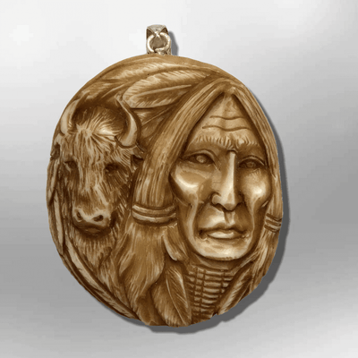 Bone Carved Handmade Indian Head with Buffalo Head Feather Round Circular Shape Curved Back No Paint Detailed Pendant