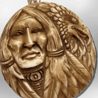 Bone Carved Handmade Indian Head with Eagle Head Feather Round Circular Shape Curved Back No Paint Detailed Pendant - Kachina City