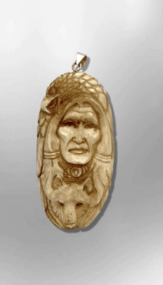 Handmade Bone Carved Indian Head with Eagle Head and Wolf Head Feather Long Oval Shape Curved Back No Paint Detailed Pendant