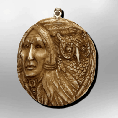 Bone Carved Handmade Indian Head with Owl Feather Round Circular Shape Curved Back No Paint Detailed Pendant