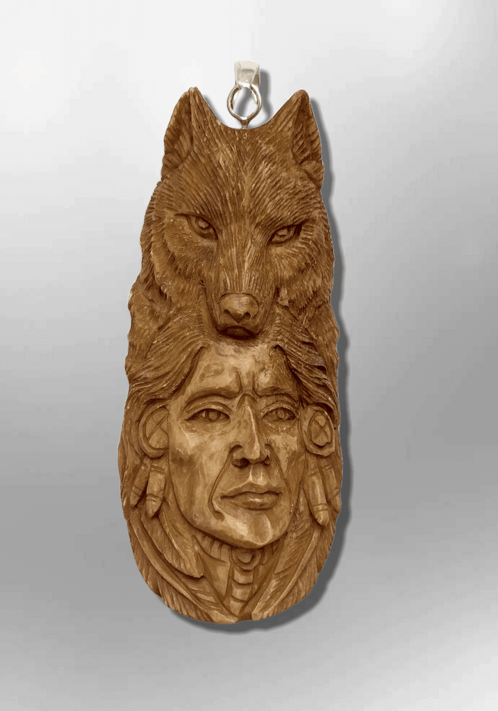 Handmade Bone Carved Indian Head with Wolf Head and Feather Long Oval Shape Curved Back No Paint Detailed Pendant - Kachina City