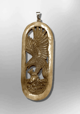 Handmade Bone Carved Long Hollow Oval Round Flying Landing Eagle No Paint Detailed Pendant