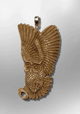 Bone Carved Handmade No Paint Flying Owl Feathers Long Flat Back Detailed Pendant
