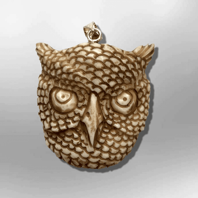 Handmade Bone Carved Owl Head Shape Curved Back No Paint Detailed Pendant