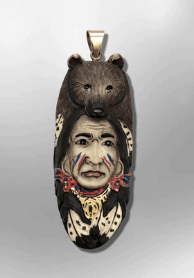 Handmade Bone Carved Painted Indian Head with Bear Head Feather Long Oval Shape Curved Back Detailed Pendant