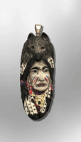 Handmade Bone Carved Painted Indian Head with Wolf Head Feather Long Oval Shape Curved Back Detailed Pendant - Kachina City