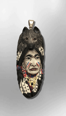 Handmade Bone Carved Painted Indian Head with Wolf Head Feather Long Oval Shape Curved Back Detailed Pendant