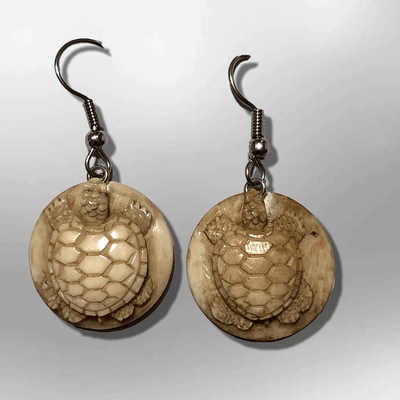 Bone Carved Round Turtle with Shell No Paint Handmade Detailed Hook Dangle Earrings